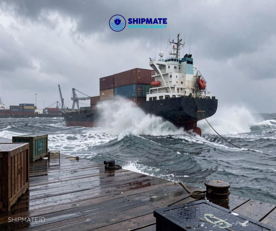 port under bad weather conditions, with a ship docking